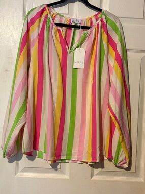 Emily Wonder Striped Balloon-Sleeve Blouse - Pink, Green, Yellow